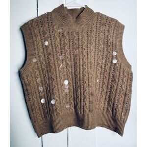 Rain + Rose Sweater Vest Small NWT Cable Knit Sequin Mock Neck Mocha Wool Blend